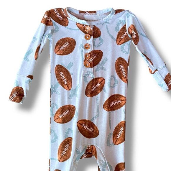 Posh Peanut Baby Romper Sz 3 to 6 Month Blue Brown Bamboo Football Print One Pc - Picture 2 of 5